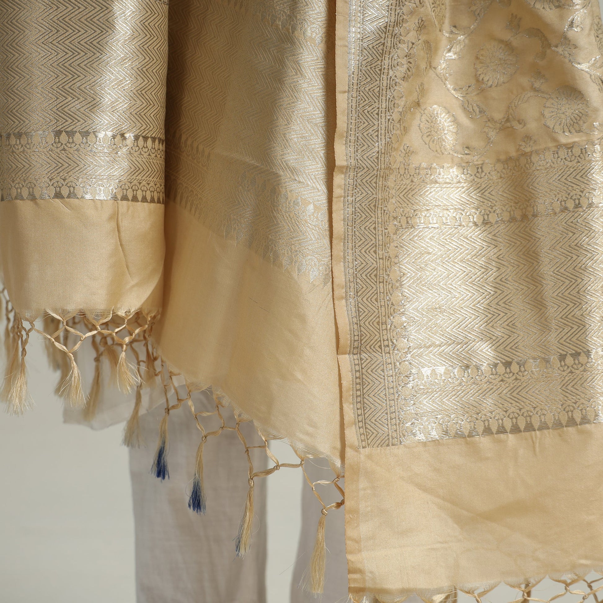 Beige - Banarasi Semi Silk Zari Jaal Dupatta with Tassels 81