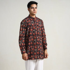Black - Bagru Block Printed Cotton Men Short Kurta 04