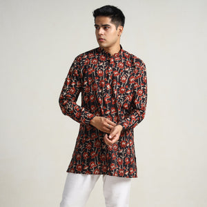 Black - Bagru Block Printed Cotton Men Short Kurta 04