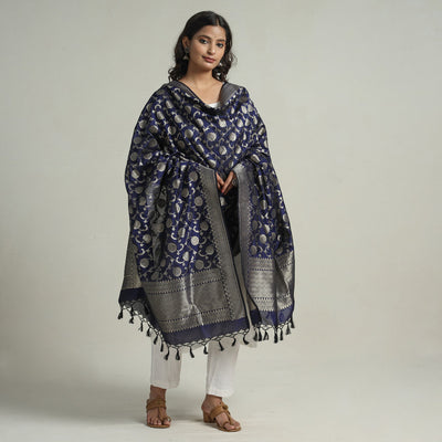 Blue - Banarasi Semi Silk Zari Jaal Dupatta with Tassels 85
