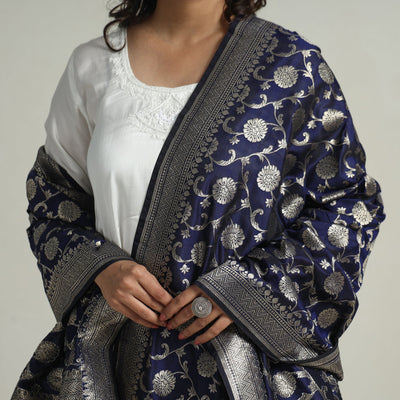 Blue - Banarasi Semi Silk Zari Jaal Dupatta with Tassels 85