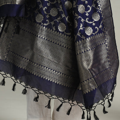 Blue - Banarasi Semi Silk Zari Jaal Dupatta with Tassels 85