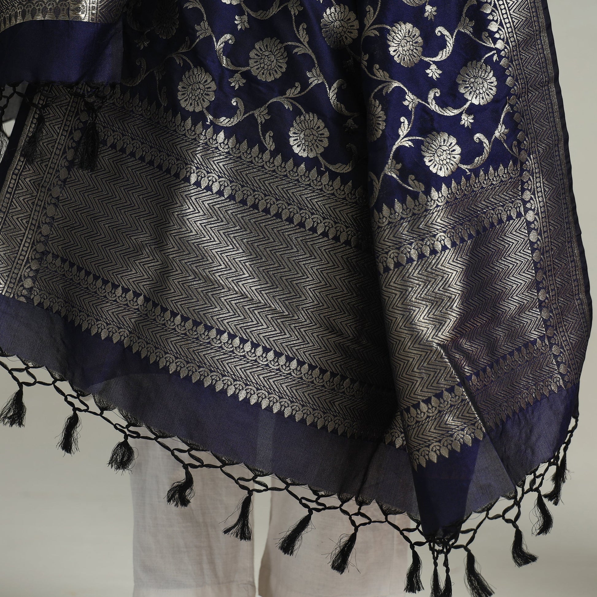 Blue - Banarasi Semi Silk Zari Jaal Dupatta with Tassels 85