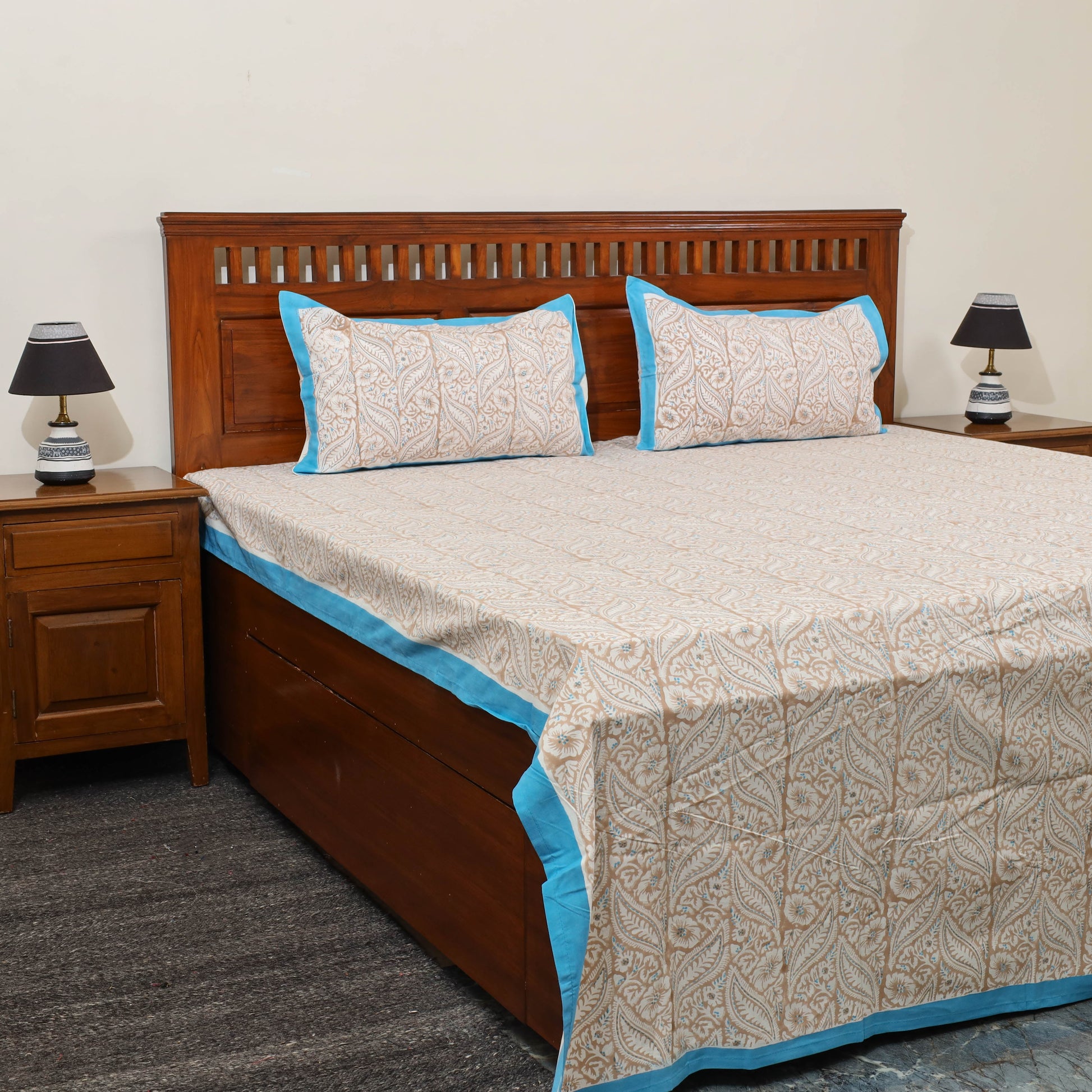 Beige - Pure Cotton Double Sanganeri Print Bed Sheet 09
