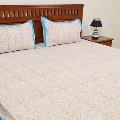 Beige - Pure Cotton Double Sanganeri Print Bed Sheet 09