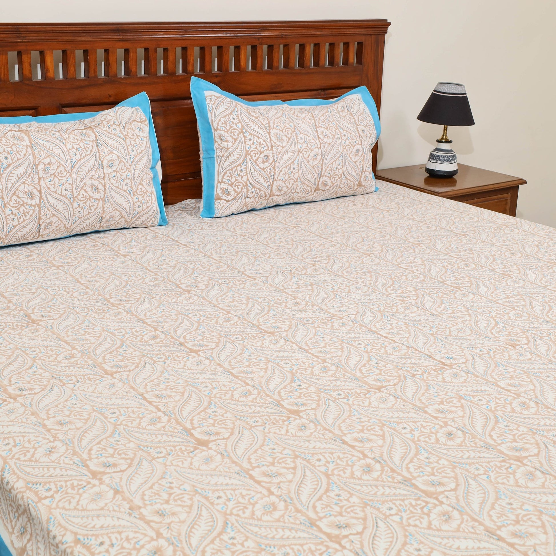 Beige - Pure Cotton Double Sanganeri Print Bed Sheet 09