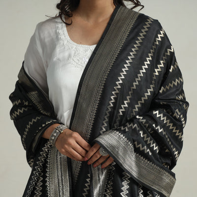 Black - Semi Silk Zari Jaal Banarasi Dupatta 93
