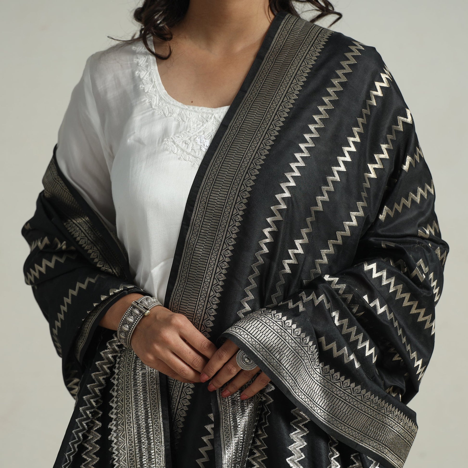 Black - Semi Silk Zari Jaal Banarasi Dupatta 93