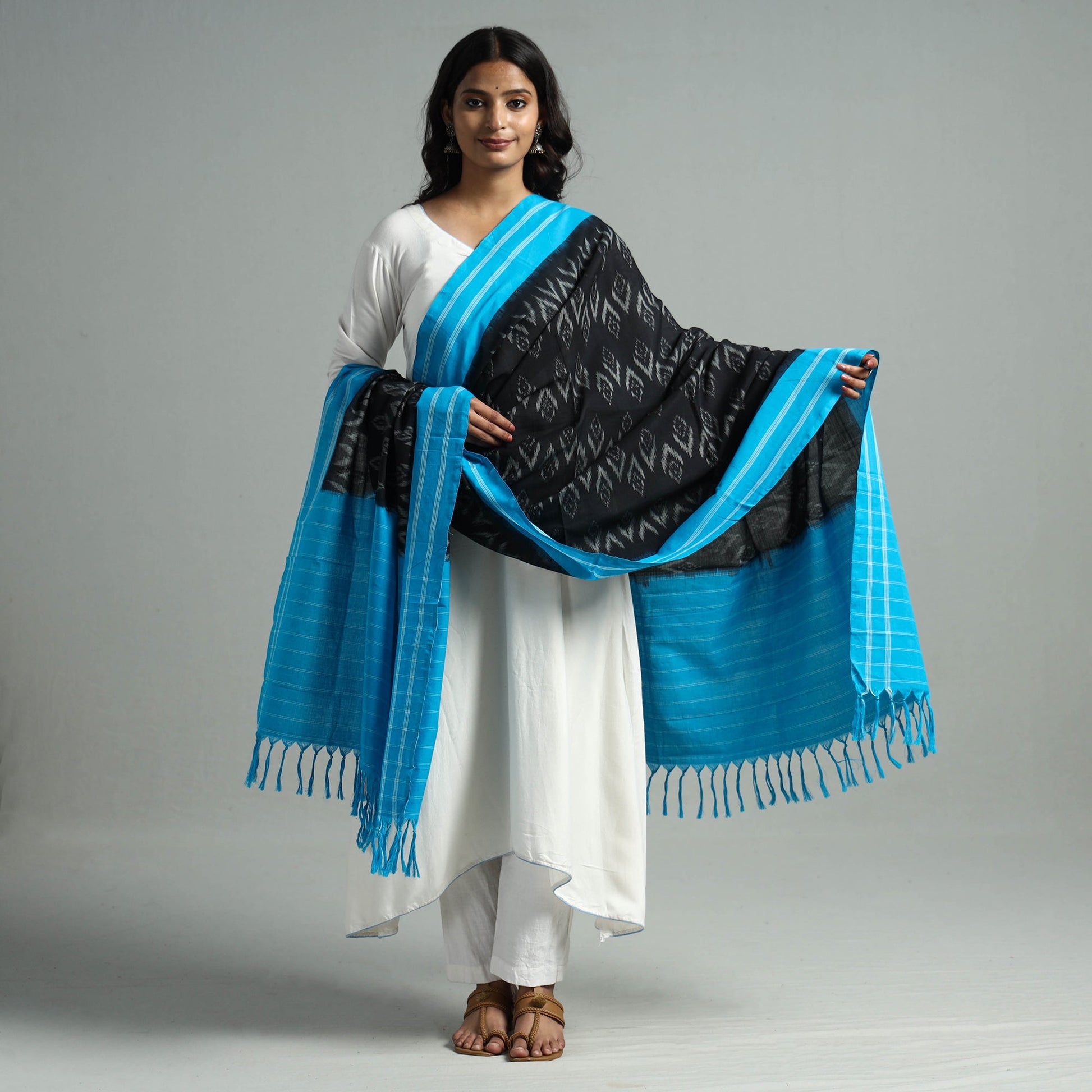 Black - Pochampally Ikat Weave Cotton Handloom Dupatta 12