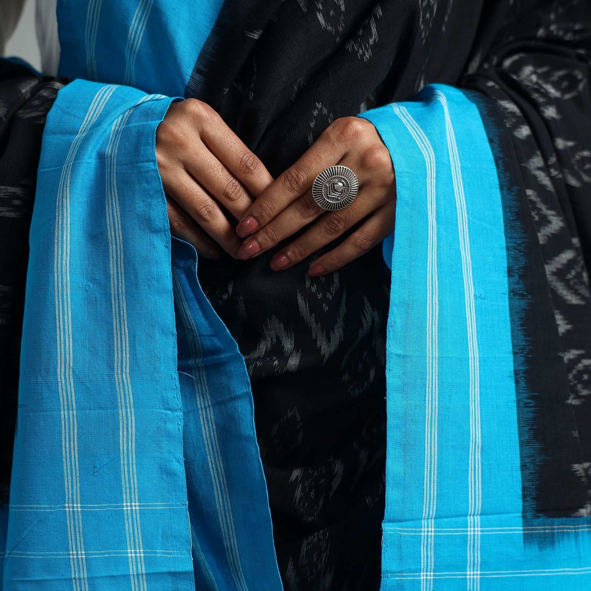 Black - Pochampally Ikat Weave Cotton Handloom Dupatta 12