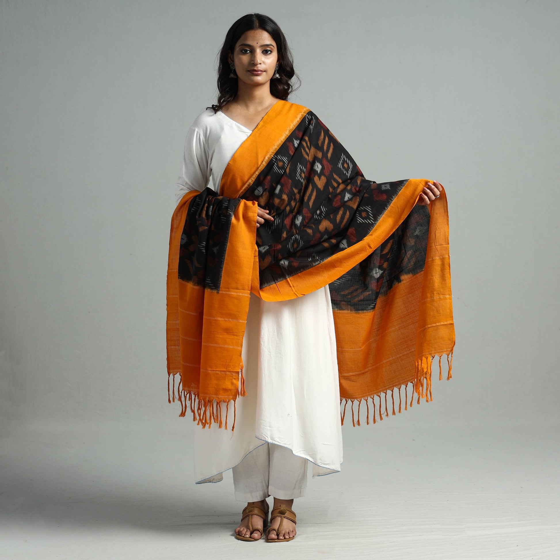 Black - Pochampally Ikat Weave Cotton Handloom Dupatta 13