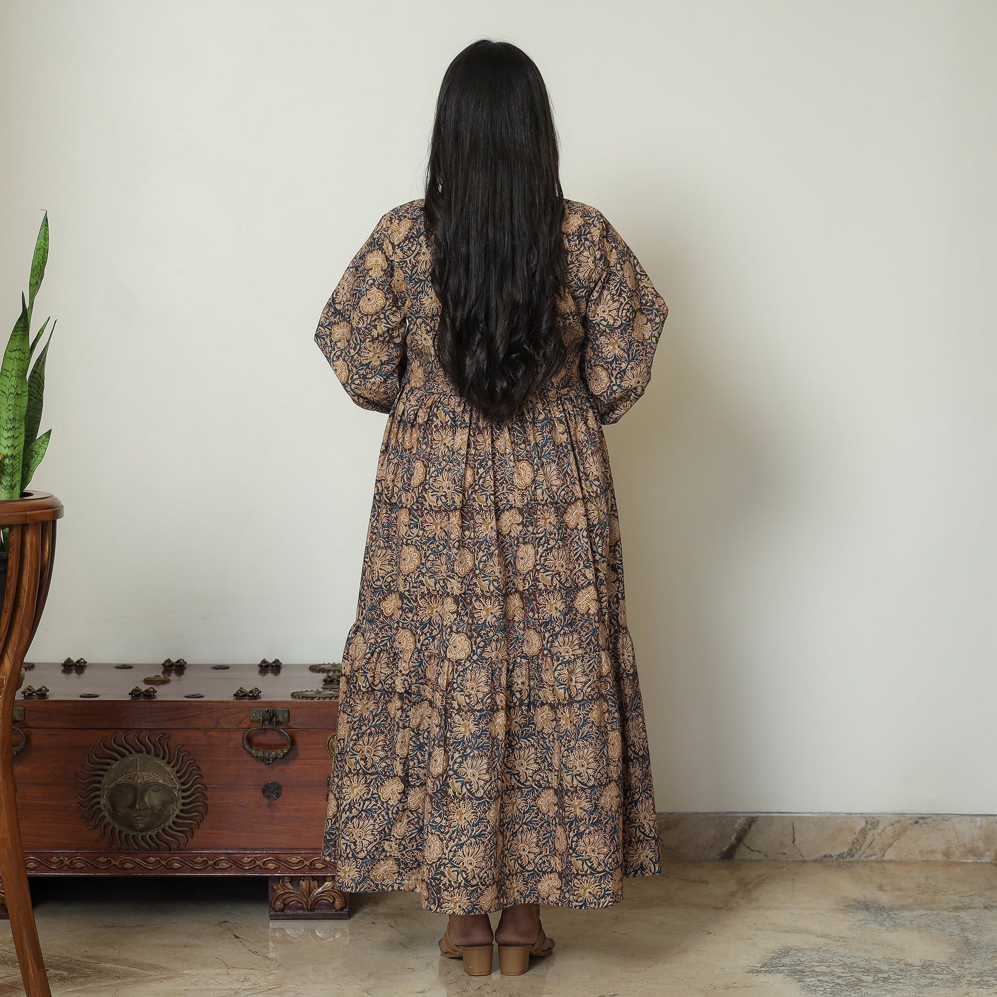 Black - Pedana Kalamkari Block Printed Cotton Flared Gher Dress 07