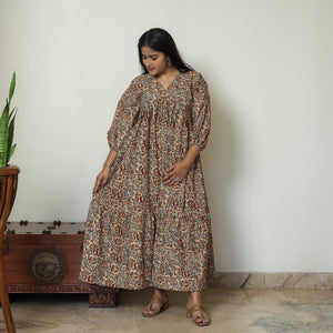 Brown - Pedana Kalamkari Block Printed Cotton Flared Gher Dress 10