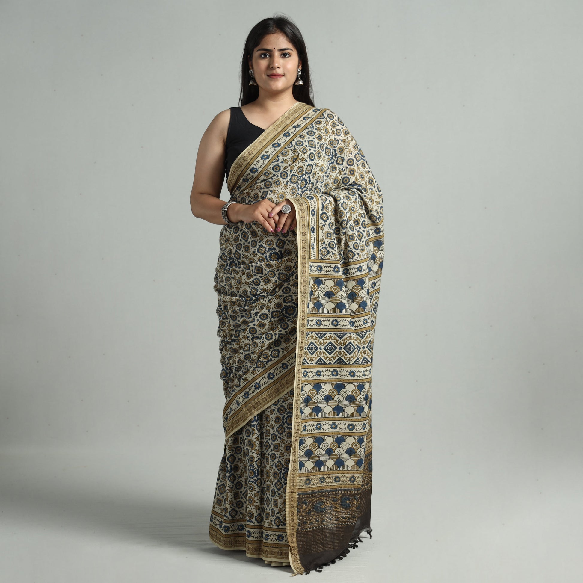 Beige - Natural Dyed Block Print Mul Cotton Ajrakh Saree 01