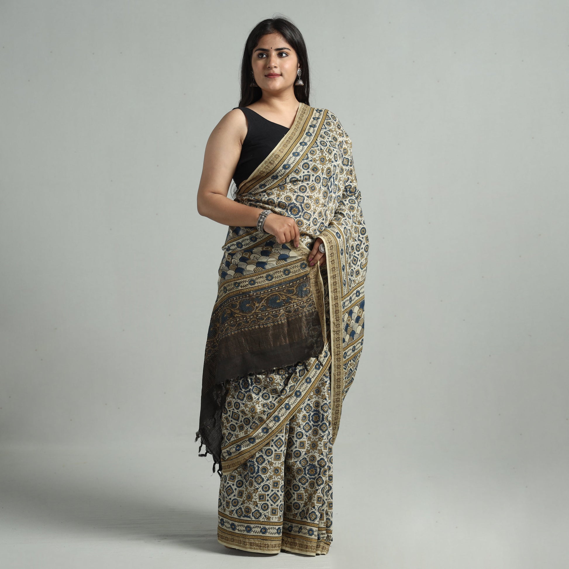 Beige - Natural Dyed Block Print Mul Cotton Ajrakh Saree 01