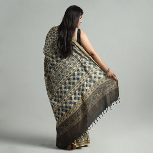 Beige - Natural Dyed Block Print Mul Cotton Ajrakh Saree 01