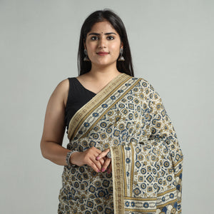 Beige - Natural Dyed Block Print Mul Cotton Ajrakh Saree 01