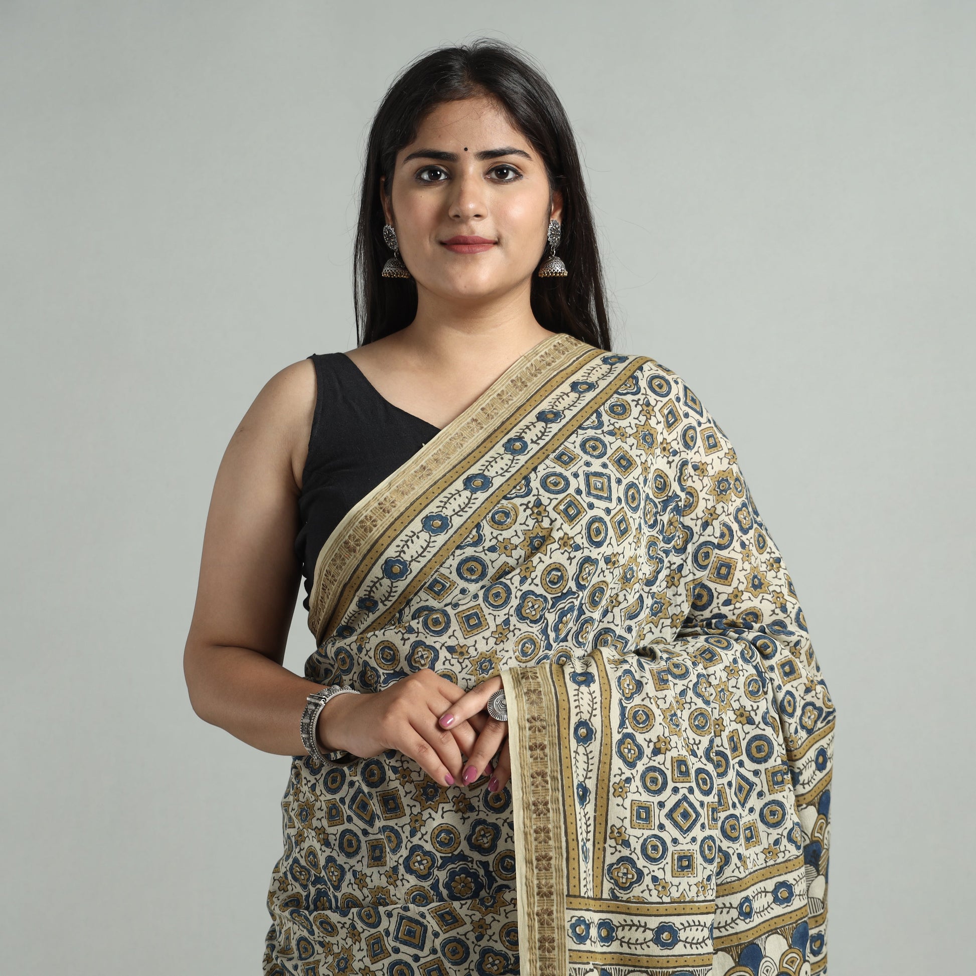 Beige - Natural Dyed Block Print Mul Cotton Ajrakh Saree 01