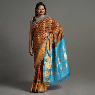 Brown - Pochampally Double Ikat Weave Handloom Mercerised Cotton Saree with Zari Border