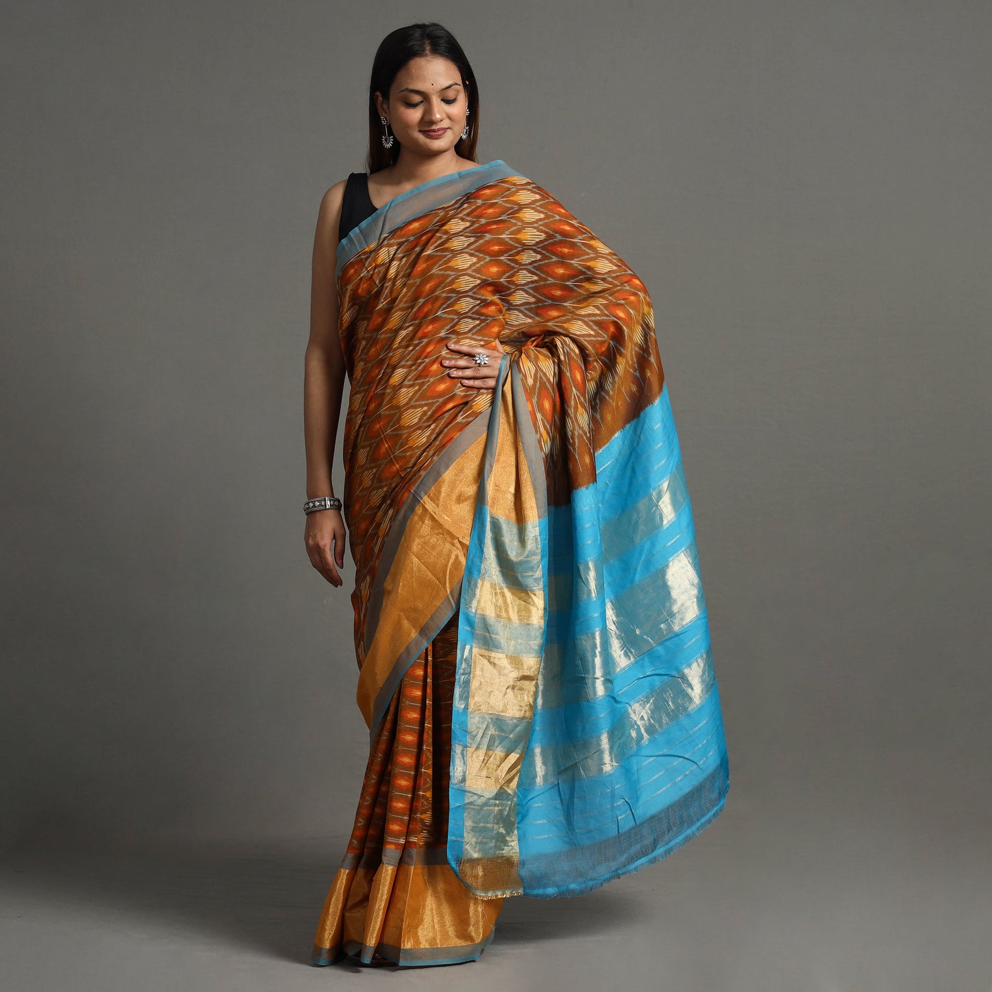 Brown - Pochampally Double Ikat Weave Handloom Mercerised Cotton Saree with Zari Border