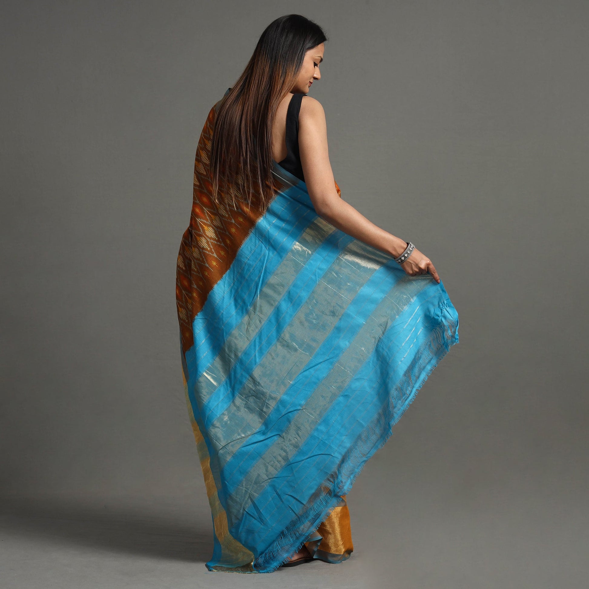 Brown - Pochampally Double Ikat Weave Handloom Mercerised Cotton Saree with Zari Border