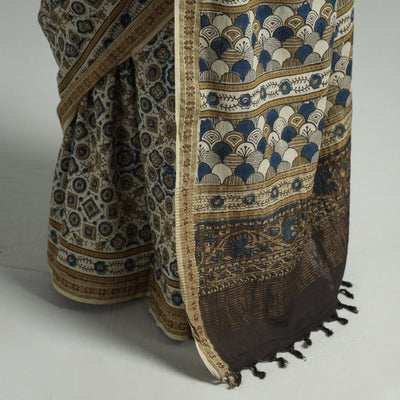 Beige - Natural Dyed Block Print Mul Cotton Ajrakh Saree 01