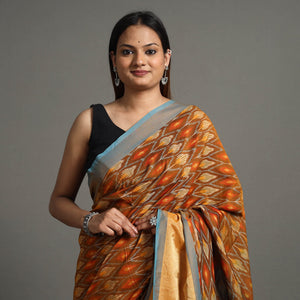 Brown - Pochampally Double Ikat Weave Handloom Mercerised Cotton Saree with Zari Border