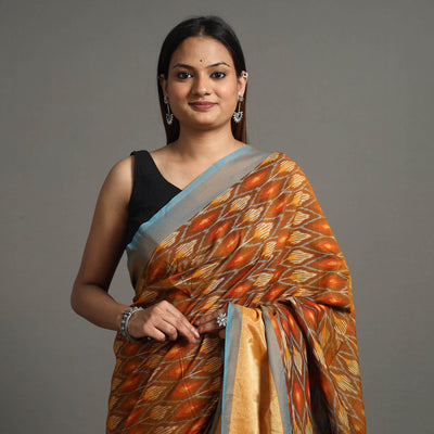 Brown - Pochampally Double Ikat Weave Handloom Mercerised Cotton Saree with Zari Border