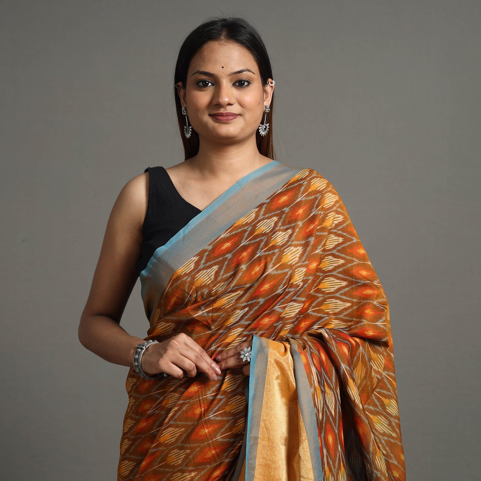 Brown - Pochampally Double Ikat Weave Handloom Mercerised Cotton Saree with Zari Border