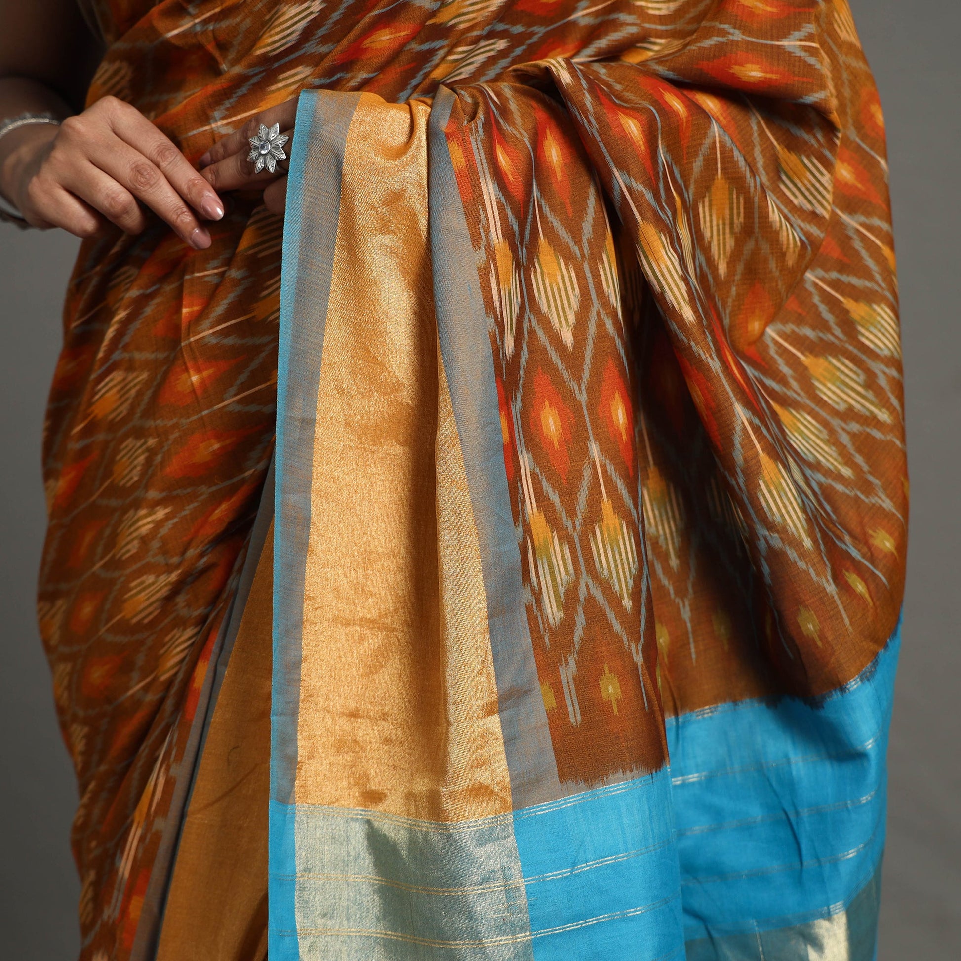 Brown - Pochampally Double Ikat Weave Handloom Mercerised Cotton Saree with Zari Border