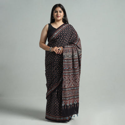 Black - Natural Dyed Block Print Mul Cotton Ajrakh Saree 02