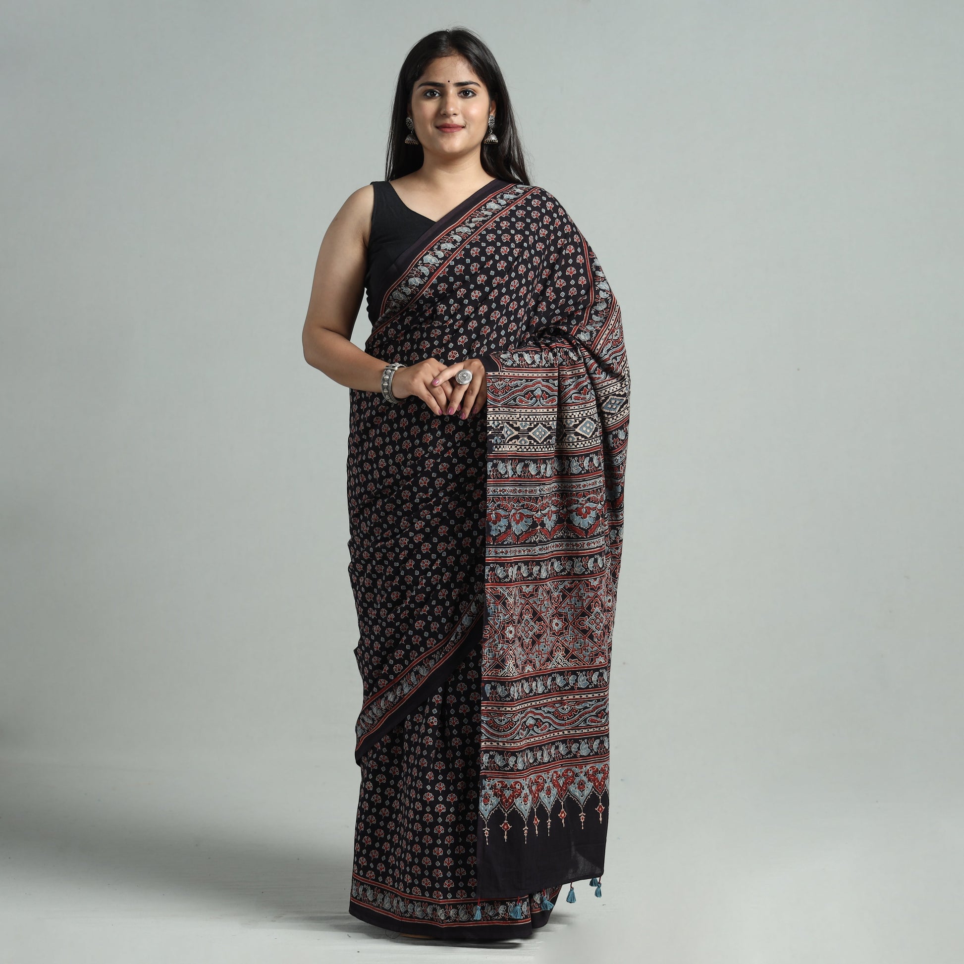 Black - Natural Dyed Block Print Mul Cotton Ajrakh Saree 02