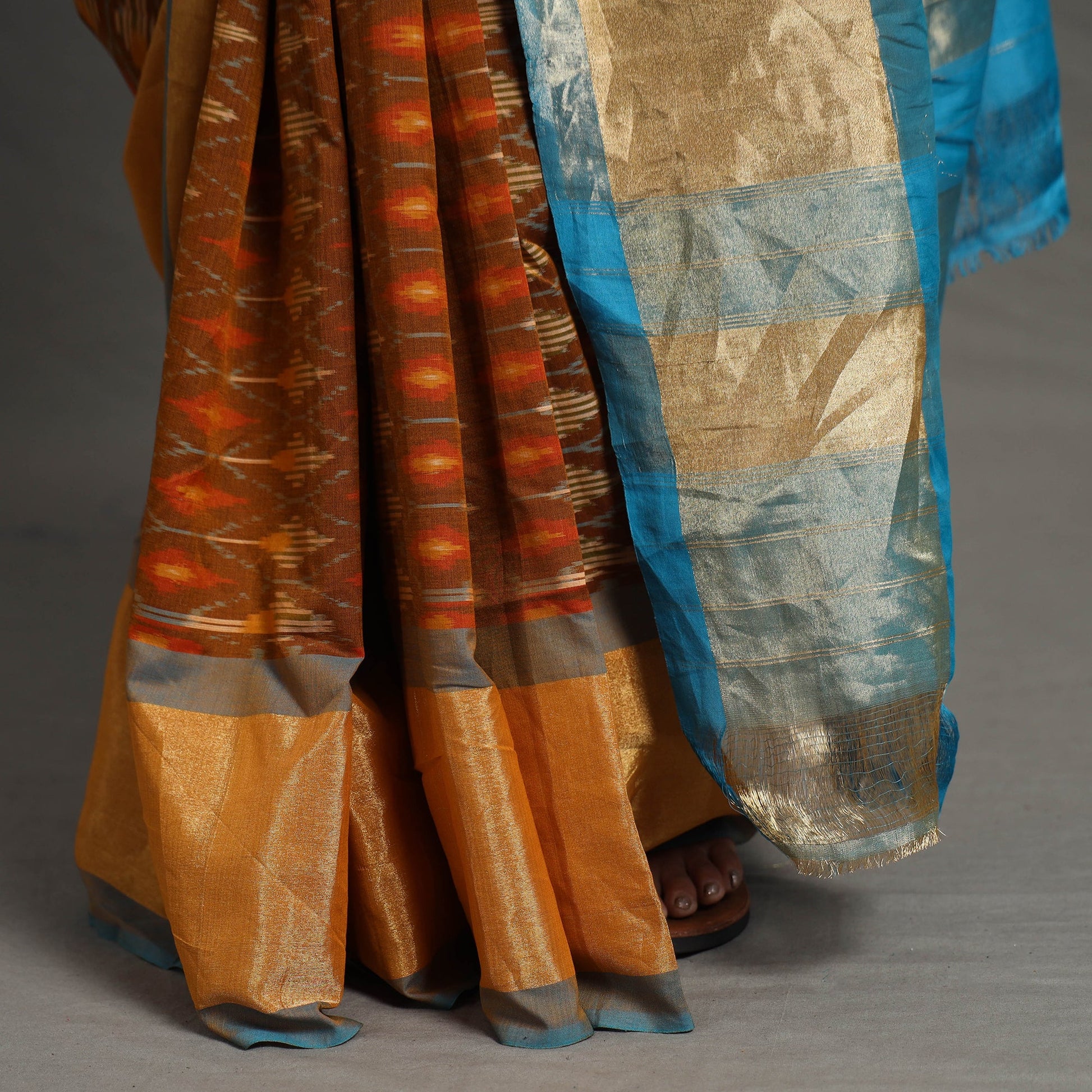 Brown - Pochampally Double Ikat Weave Handloom Mercerised Cotton Saree with Zari Border