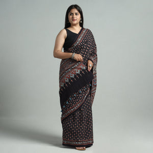 Black - Natural Dyed Block Print Mul Cotton Ajrakh Saree 02
