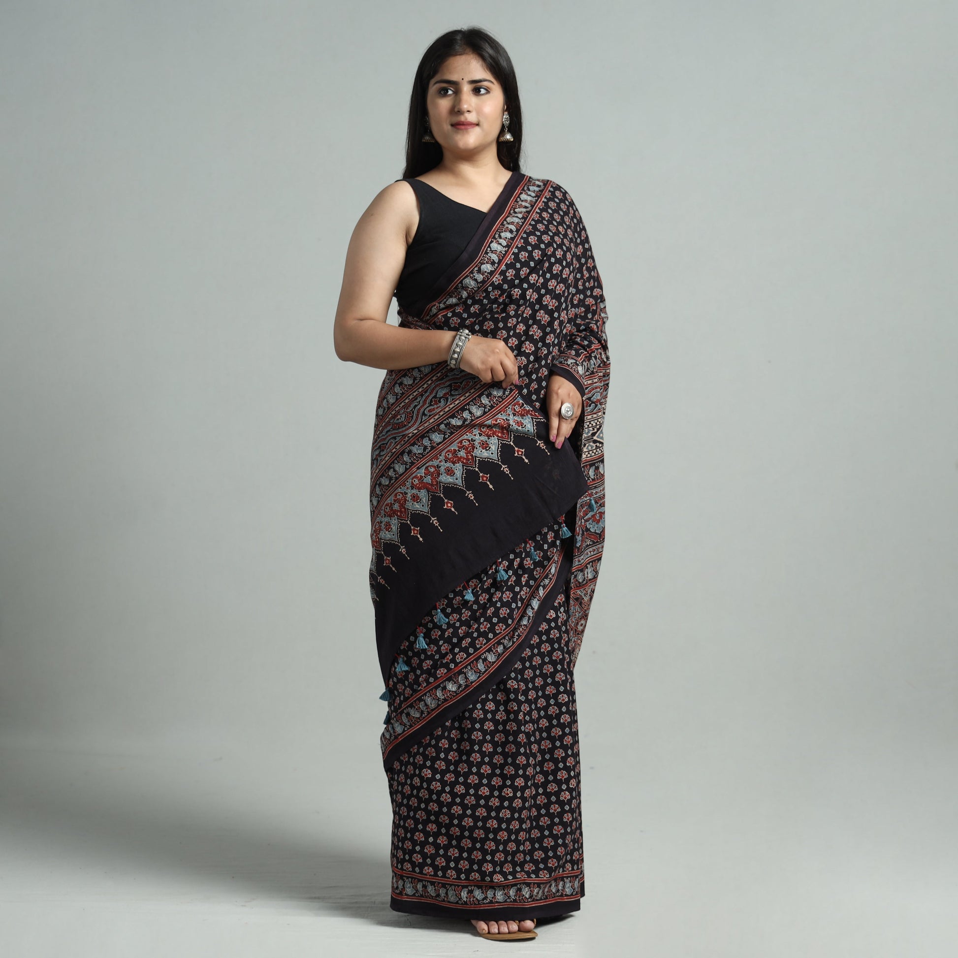 Black - Natural Dyed Block Print Mul Cotton Ajrakh Saree 02