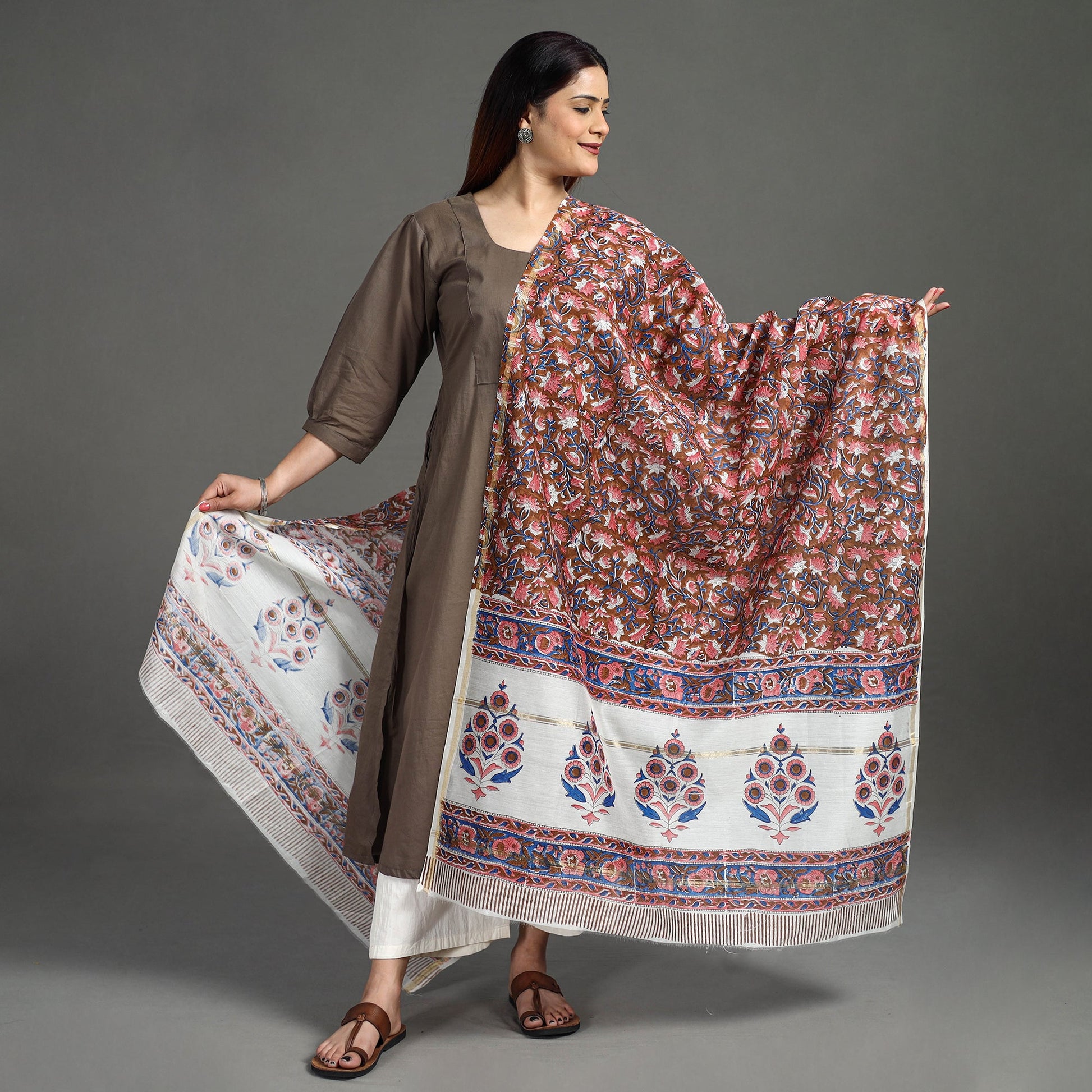Brown - Handloom Chanderi Silk Sanganeri Print Dupatta 03