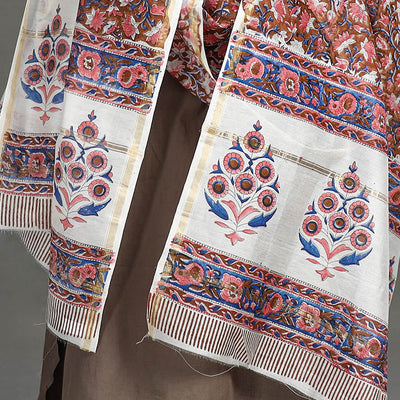 Brown - Handloom Chanderi Silk Sanganeri Print Dupatta 03