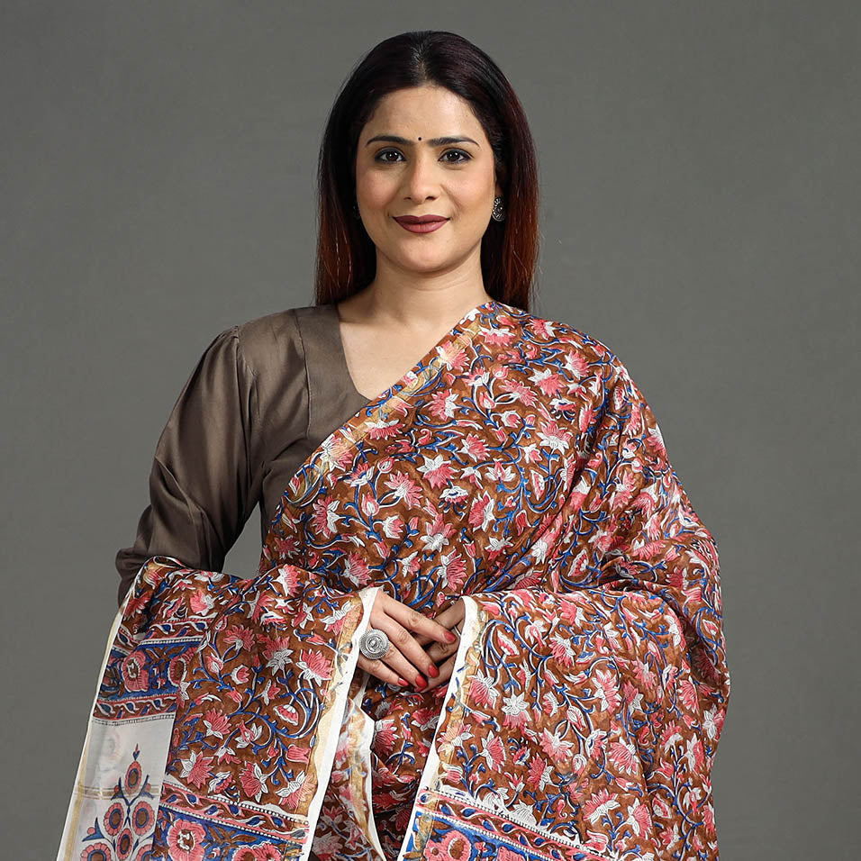 Brown - Handloom Chanderi Silk Sanganeri Print Dupatta 03