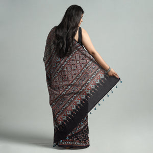 Black - Natural Dyed Block Print Mul Cotton Ajrakh Saree 02