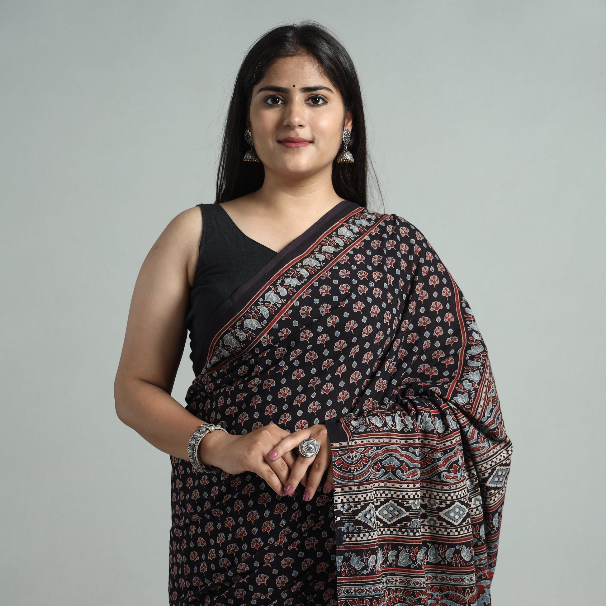 Black - Natural Dyed Block Print Mul Cotton Ajrakh Saree 02