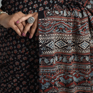 Black - Natural Dyed Block Print Mul Cotton Ajrakh Saree 02