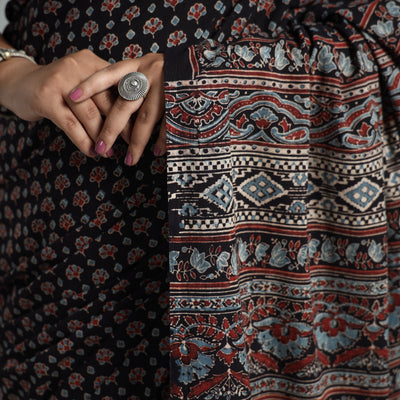 Black - Natural Dyed Block Print Mul Cotton Ajrakh Saree 02