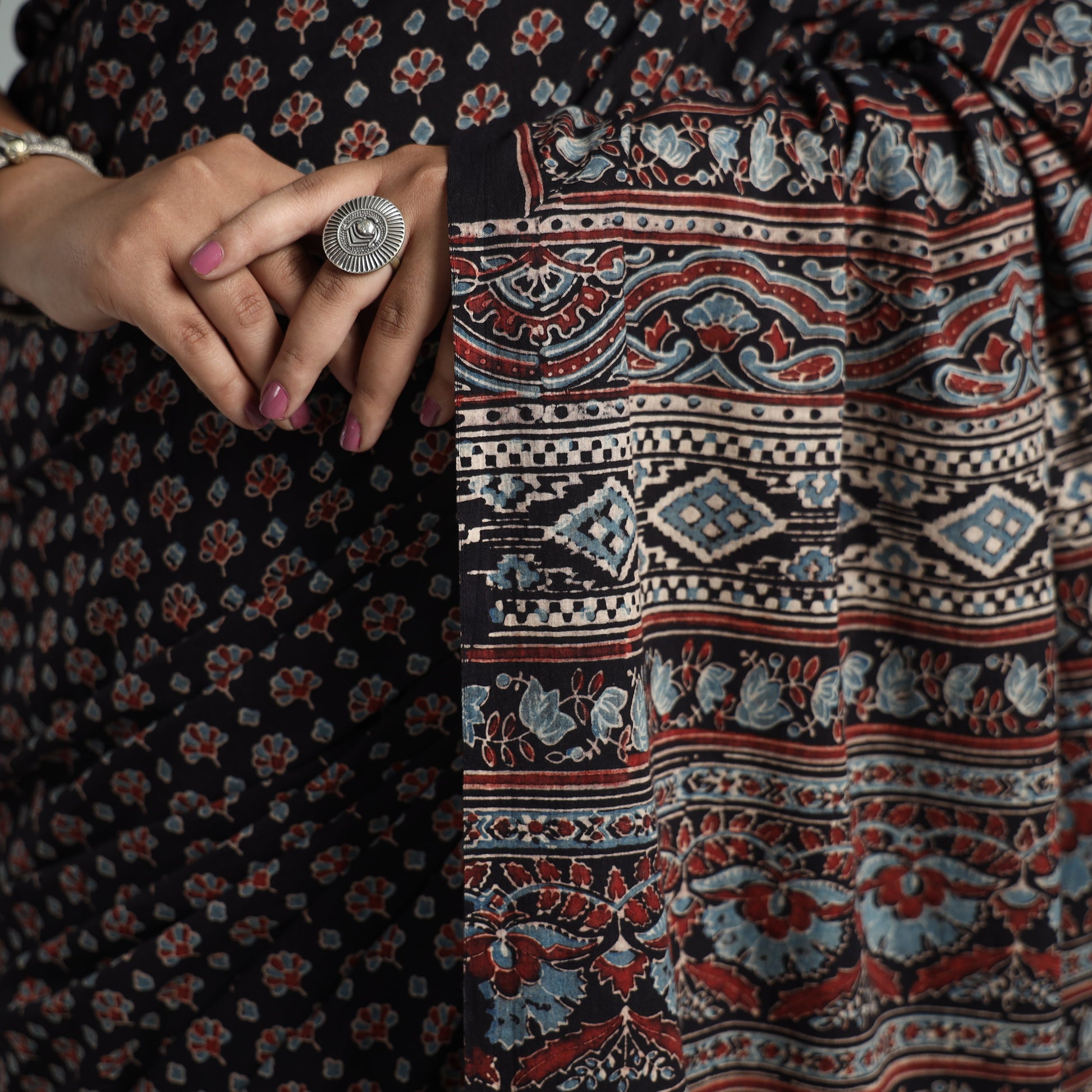 Black - Natural Dyed Block Print Mul Cotton Ajrakh Saree 02