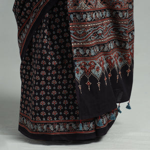 Black - Natural Dyed Block Print Mul Cotton Ajrakh Saree 02