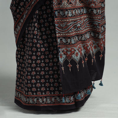 Black - Natural Dyed Block Print Mul Cotton Ajrakh Saree 02