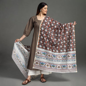 Brown - Handloom Chanderi Silk Sanganeri Print Dupatta 07