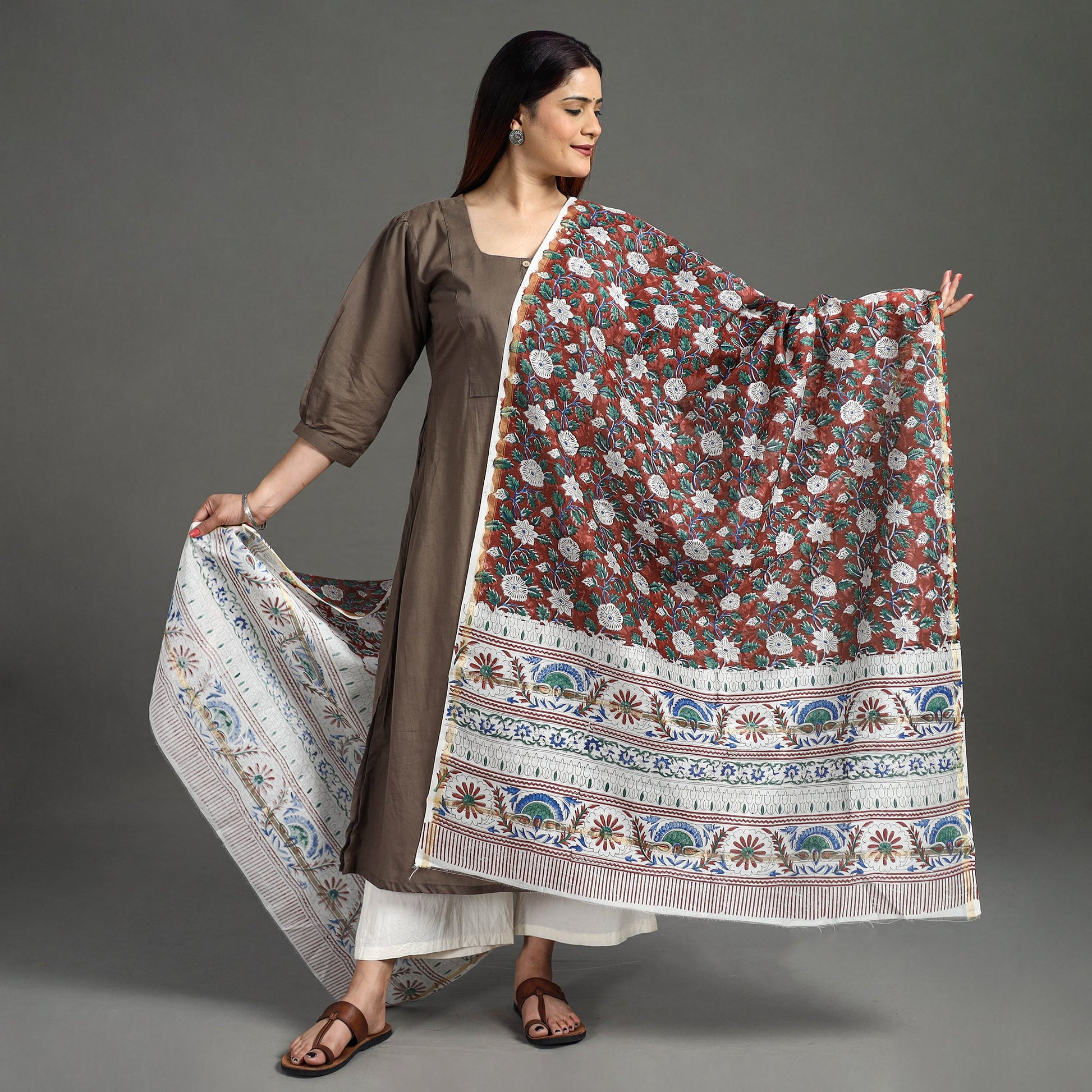 Brown - Handloom Chanderi Silk Sanganeri Print Dupatta 07
