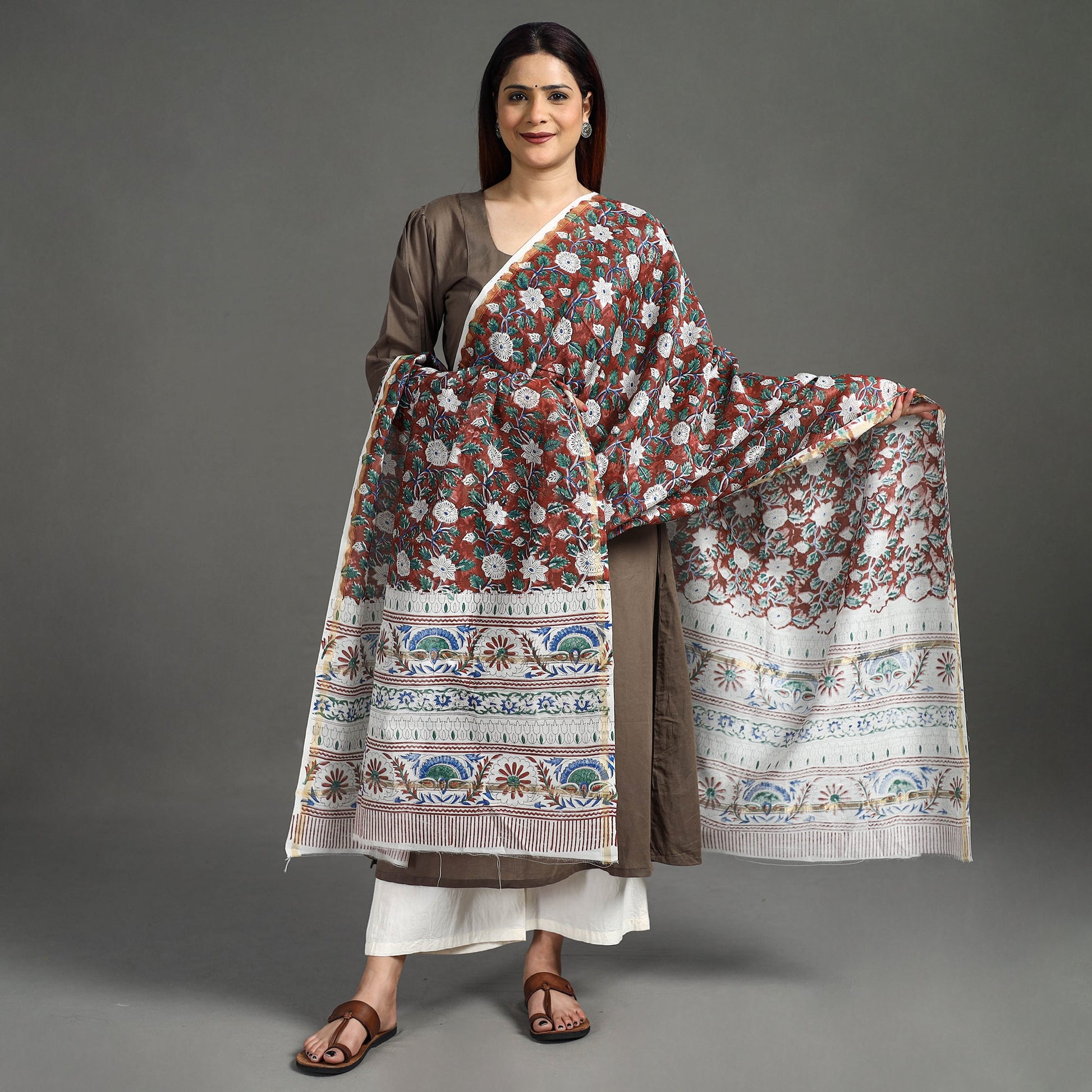 Brown - Handloom Chanderi Silk Sanganeri Print Dupatta 07
