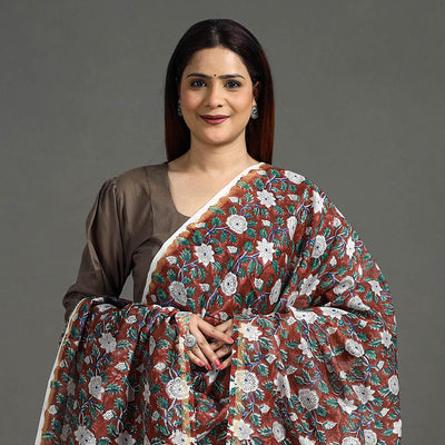 Brown - Handloom Chanderi Silk Sanganeri Print Dupatta 07