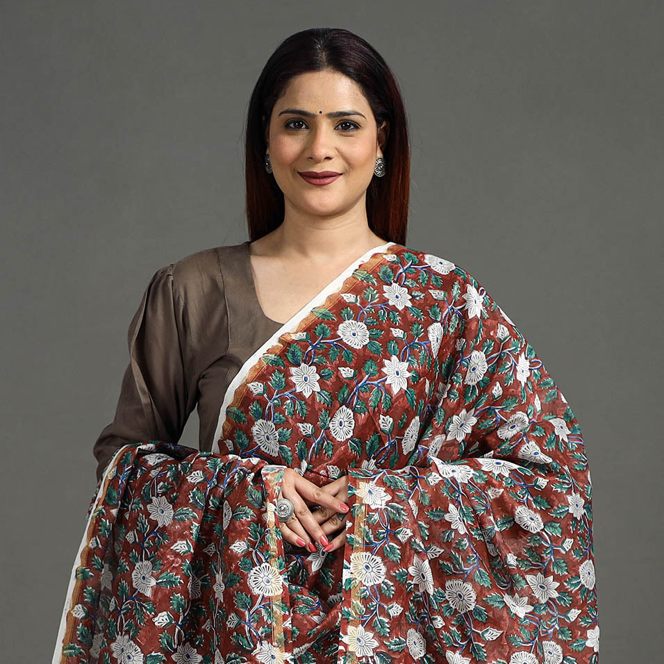 Brown - Handloom Chanderi Silk Sanganeri Print Dupatta 07